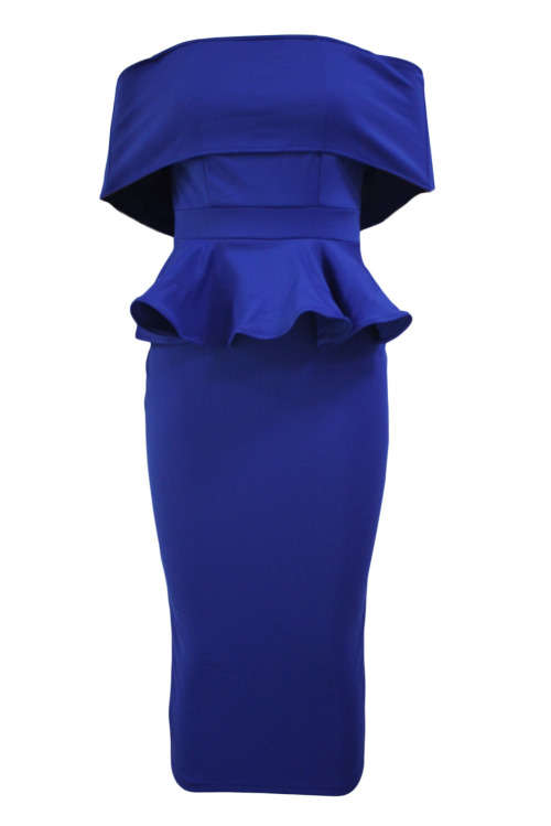 ROYAL BLUE OFF SHOULDER BODYCON PEPLUM DRESS - S/M/L/XL