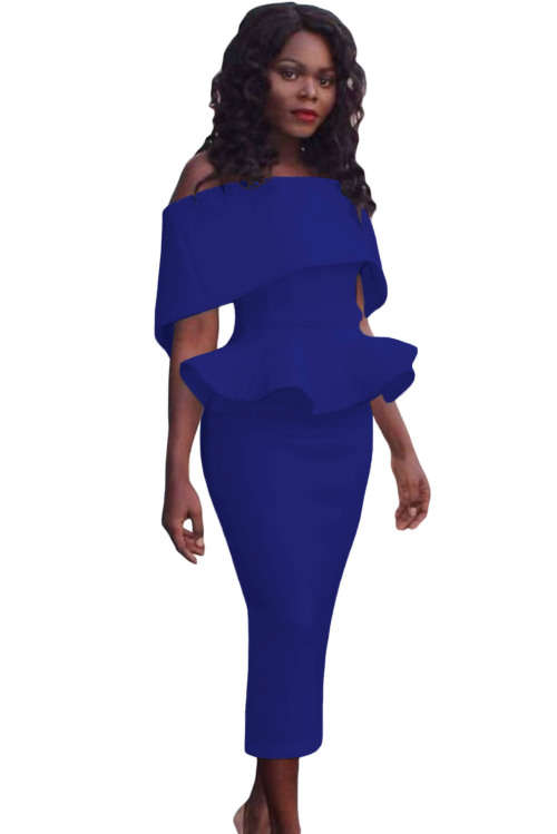 ROYAL BLUE OFF SHOULDER BODYCON PEPLUM DRESS - S/M/L/XL