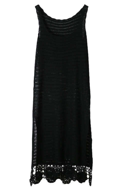 BLACK HANDMADE CROCHET SPLIT TANK DRESS BEACHWEAR - ONE SIZE