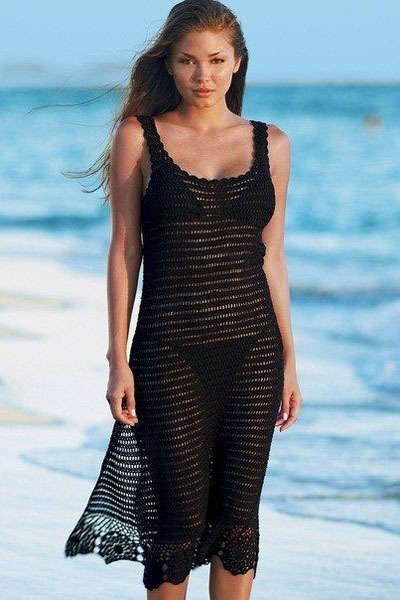 BLACK HANDMADE CROCHET SPLIT TANK DRESS BEACHWEAR - ONE SIZE