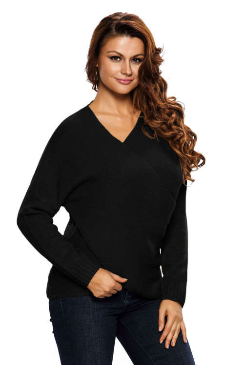 GORGEOUS BLACK LONG SLEEVE CHUNKY CROSS WRAP V NECK TUNIC PULLOVER SWEATER - S/M/L/XL