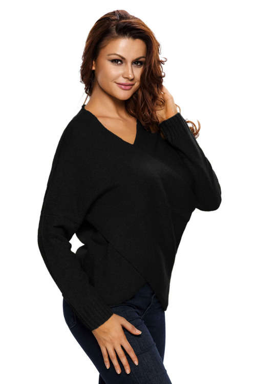 GORGEOUS BLACK LONG SLEEVE CHUNKY CROSS WRAP V NECK TUNIC PULLOVER SWEATER - S/M/L/XL
