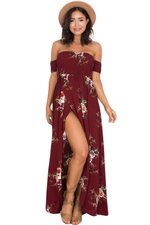 SMOCKED OFF SHOULDER BURGUNDY FLORAL MAXI DRESS - S/M/L