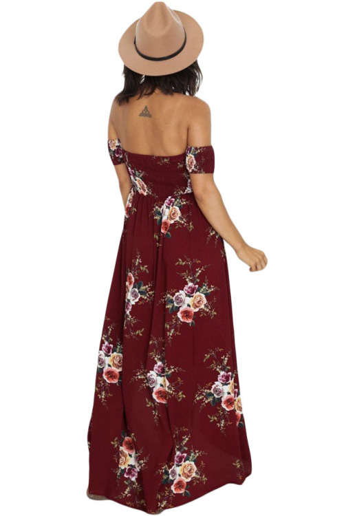 SMOCKED OFF SHOULDER BURGUNDY FLORAL MAXI DRESS - S/M/L