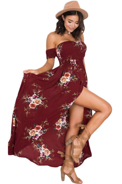 SMOCKED OFF SHOULDER BURGUNDY FLORAL MAXI DRESS - S/M/L