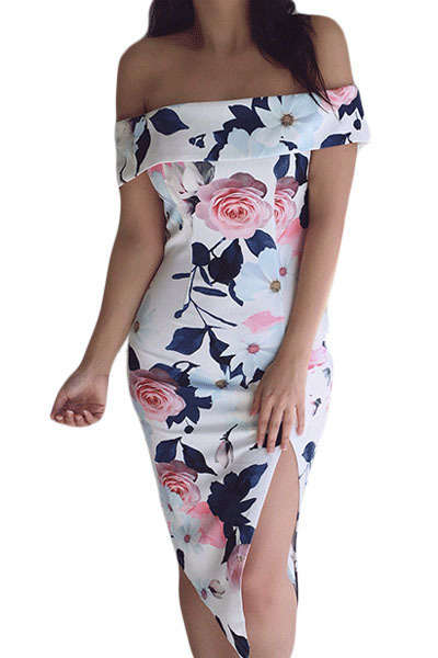 GORGEOUS WHITE VIBRANT BLOSSOM FOLDOVER OFF SHOULDER BOHO DRESS - S/M/L/XL