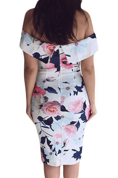 GORGEOUS WHITE VIBRANT BLOSSOM FOLDOVER OFF SHOULDER BOHO DRESS - S/M/L/XL