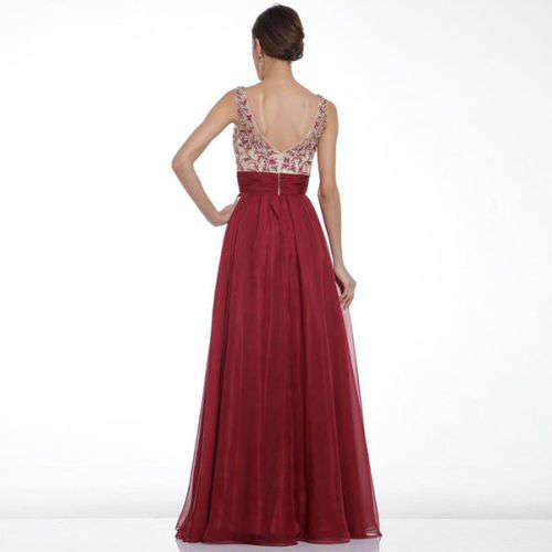 STYLISH WINE RED EMBROIDERED OPEN BACK CHIFFON EVENING GOWN - S/M/L/XL