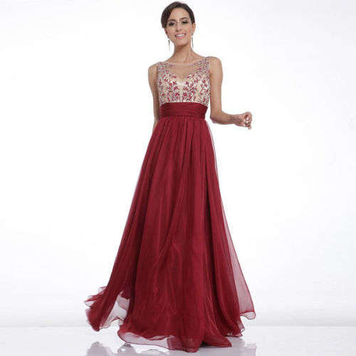STYLISH WINE RED EMBROIDERED OPEN BACK CHIFFON EVENING GOWN - S/M/L/XL