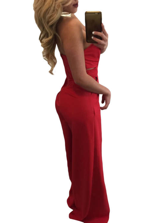 ELEGANT RED WIDE SLIT LEGS FORMAL JUMPSUIT - S/M/L