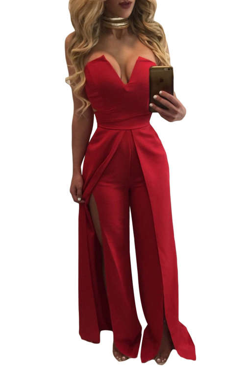 ELEGANT RED WIDE SLIT LEGS FORMAL JUMPSUIT - S/M/L
