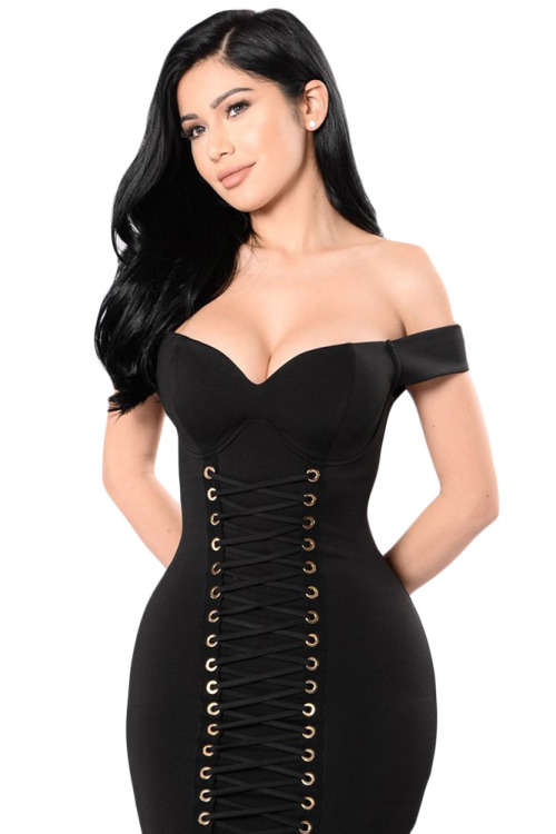 BLACK FRONT LACE UP OFF SHOULDER MINI DRESS - S/M/L