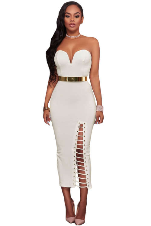 SEXY WHITE STRAPLESS V-NECK SIDE SLITS TUBE MIDI DRESS - S/M/L