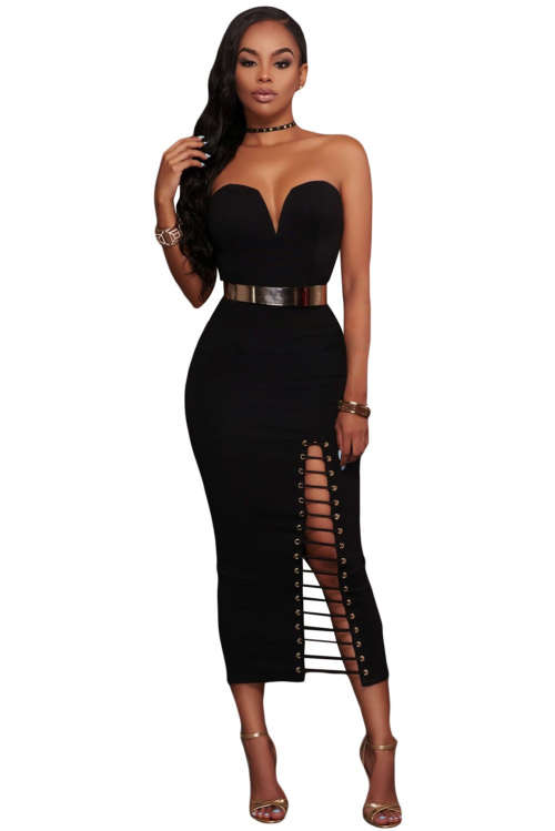 SEXY BLACK STRAPLESS V-NECK SIDE SLITS TUBE MIDI DRESS - S/M/L