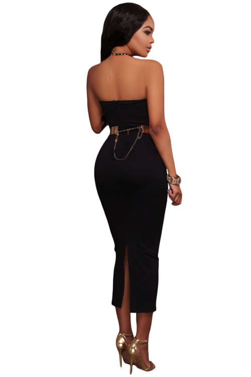 SEXY BLACK STRAPLESS V-NECK SIDE SLITS TUBE MIDI DRESS - S/M/L