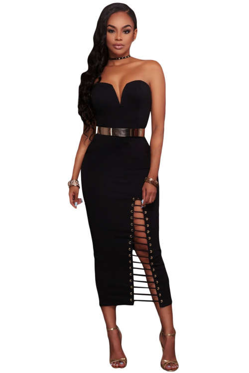SEXY BLACK STRAPLESS V-NECK SIDE SLITS TUBE MIDI DRESS - S/M/L