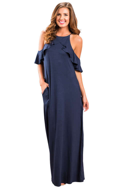 RUFFLE SLEEVE COLD SHOULDER MAXI DRESS - NAVY - S/M/L/XL