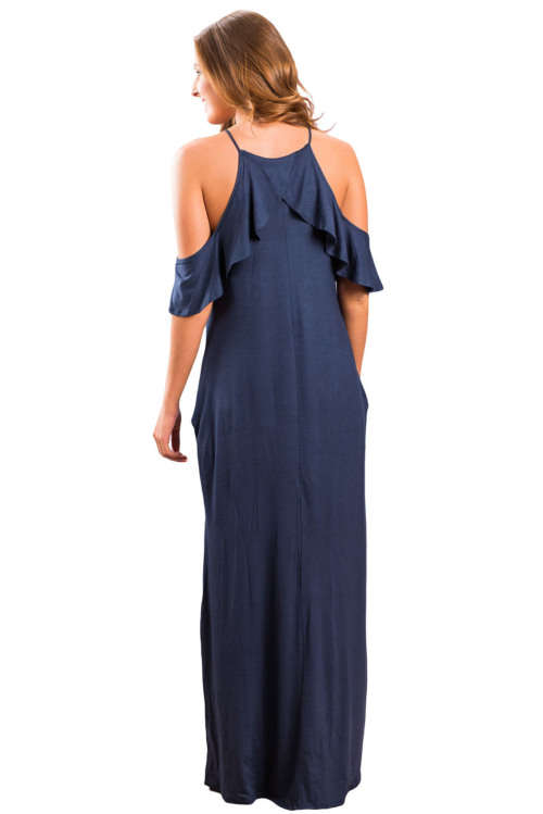 RUFFLE SLEEVE COLD SHOULDER MAXI DRESS - NAVY - S/M/L/XL