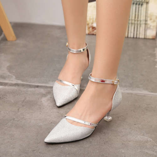 POINTED ONE BUCKLE BELT STILETTO PUMPS SHOES - SILVER - 34/35/36/37/38/39/40