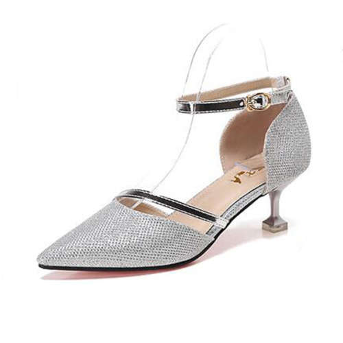 POINTED ONE BUCKLE BELT STILETTO PUMPS SHOES - SILVER - 34/35/36/37/38/39/40