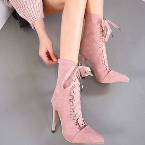 BOOTS/LACE UP BOOTS/STILETTO BOOTS/PINK SUEDE BOOTS