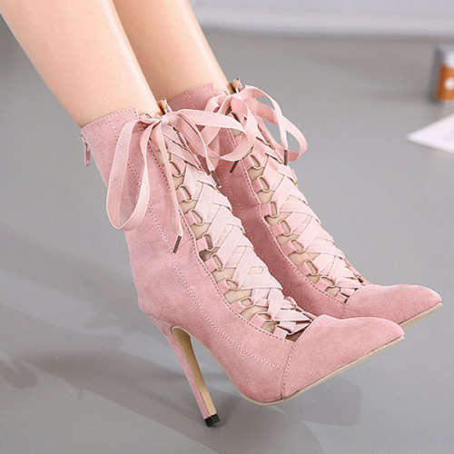 BOOTS/LACE UP BOOTS/STILETTO BOOTS/PINK SUEDE BOOTS