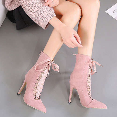 BOOTS/LACE UP BOOTS/STILETTO BOOTS/PINK SUEDE BOOTS