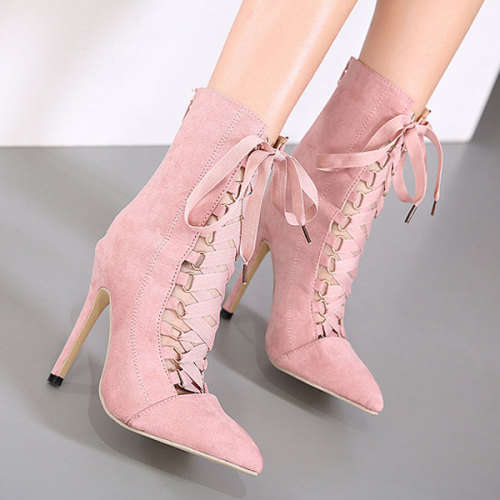 BOOTS/LACE UP BOOTS/STILETTO BOOTS/PINK SUEDE BOOTS