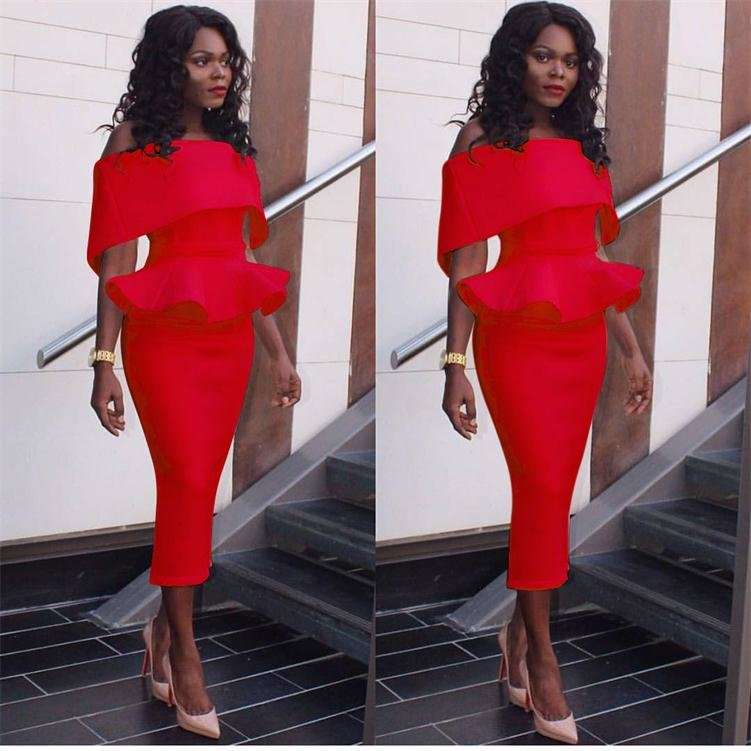DRESSES/WOMENS DRESSES/BODYCON DRESS/RED OFF SHOULDER SHEATH PEPLUM DRESS