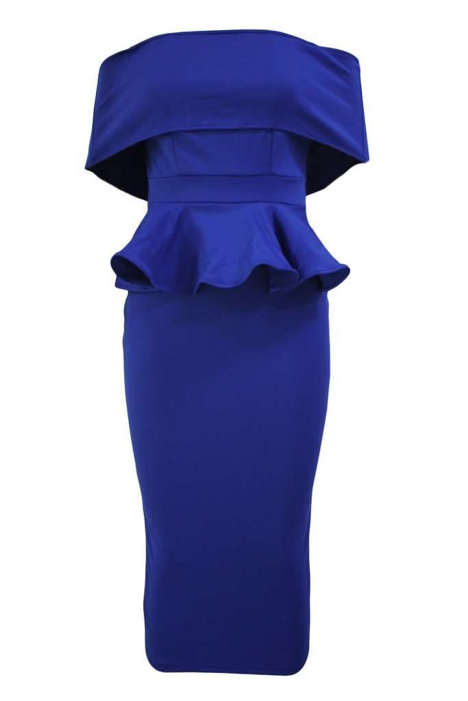 DRESSES/WOMENS DRESSES/BODYCON DRESS/DARK BLUE OFF SHOULDER SHEATH PEPLUM DRESS