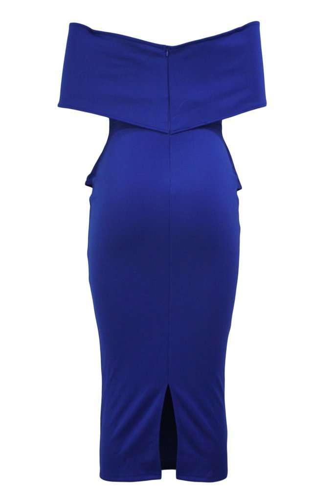 DRESSES/WOMENS DRESSES/BODYCON DRESS/DARK BLUE OFF SHOULDER SHEATH PEPLUM DRESS