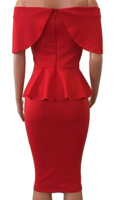 DRESSES/WOMENS DRESSES/BODYCON DRESS/RED OFF SHOULDER SHEATH PEPLUM DRESS