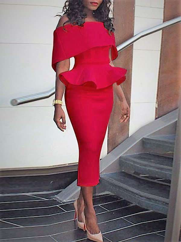 DRESSES/WOMENS DRESSES/BODYCON DRESS/RED OFF SHOULDER SHEATH PEPLUM DRESS