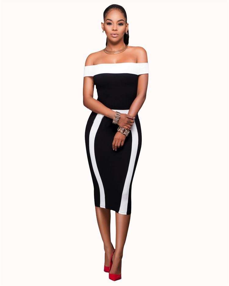 DRESSES/BODYCON DRESS/BODYCON DRESS/OFF SHOULDER BLACK CONTRAST BODYCON MIDI DRESS