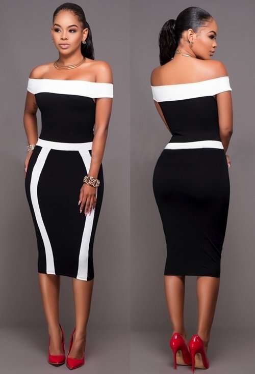 DRESSES/BODYCON DRESS/BODYCON DRESS/OFF SHOULDER BLACK CONTRAST BODYCON MIDI DRESS