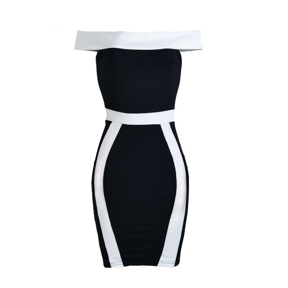 DRESSES/BODYCON DRESS/BODYCON DRESS/OFF SHOULDER BLACK CONTRAST BODYCON MIDI DRESS