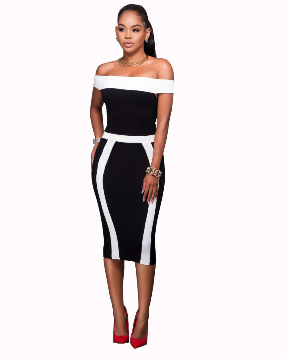 DRESSES/BODYCON DRESS/BODYCON DRESS/OFF SHOULDER BLACK CONTRAST BODYCON MIDI DRESS