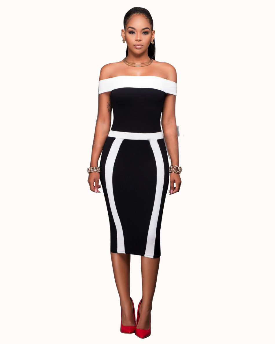 DRESSES/BODYCON DRESS/BODYCON DRESS/OFF SHOULDER BLACK CONTRAST BODYCON MIDI DRESS