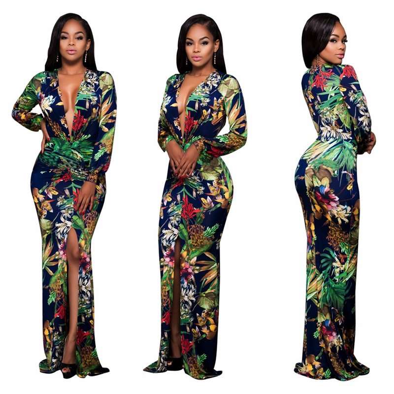 MAXI DRESSES/MAXI DRESS/LONG SLEEVE MAXI DRESS/GREEN MAXI DRESS/FLORAL PRINT MAXI DRESS