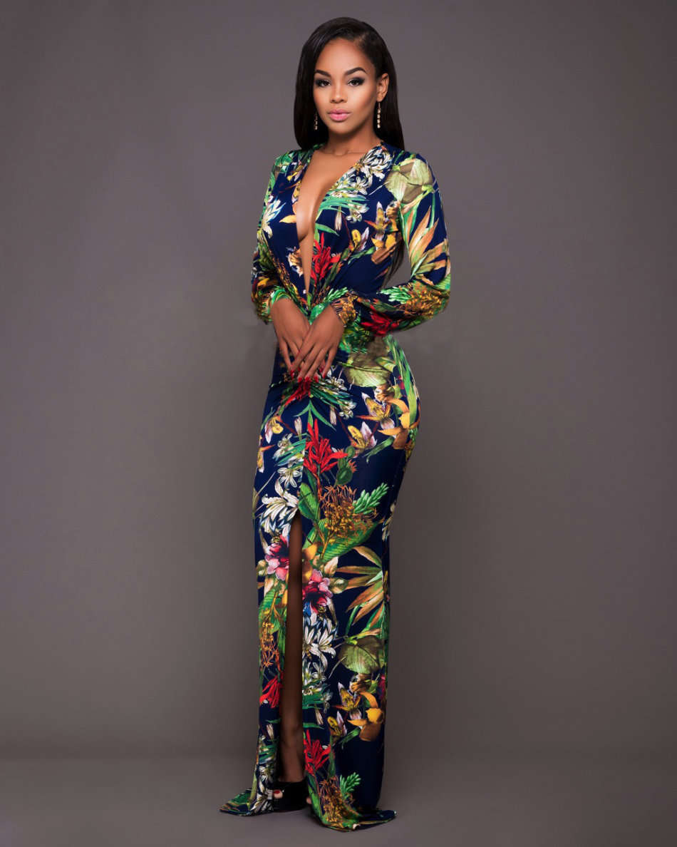 MAXI DRESSES/MAXI DRESS/LONG SLEEVE MAXI DRESS/GREEN MAXI DRESS/FLORAL PRINT MAXI DRESS