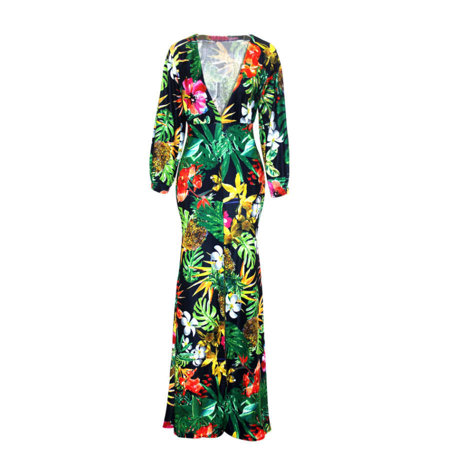 MAXI DRESSES/MAXI DRESS/LONG SLEEVE MAXI DRESS/GREEN MAXI DRESS/FLORAL PRINT MAXI DRESS