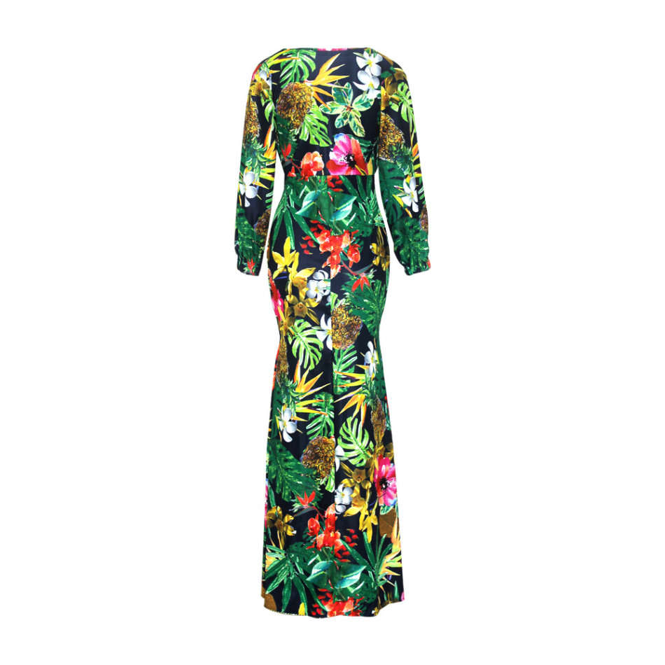 MAXI DRESSES/MAXI DRESS/LONG SLEEVE MAXI DRESS/GREEN MAXI DRESS/FLORAL PRINT MAXI DRESS