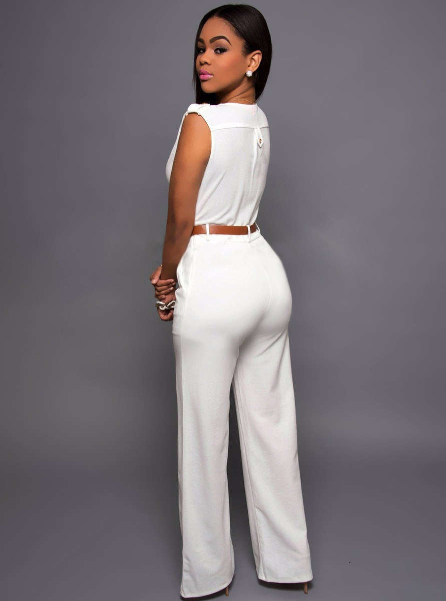 White belted sleeveless jumpsuit