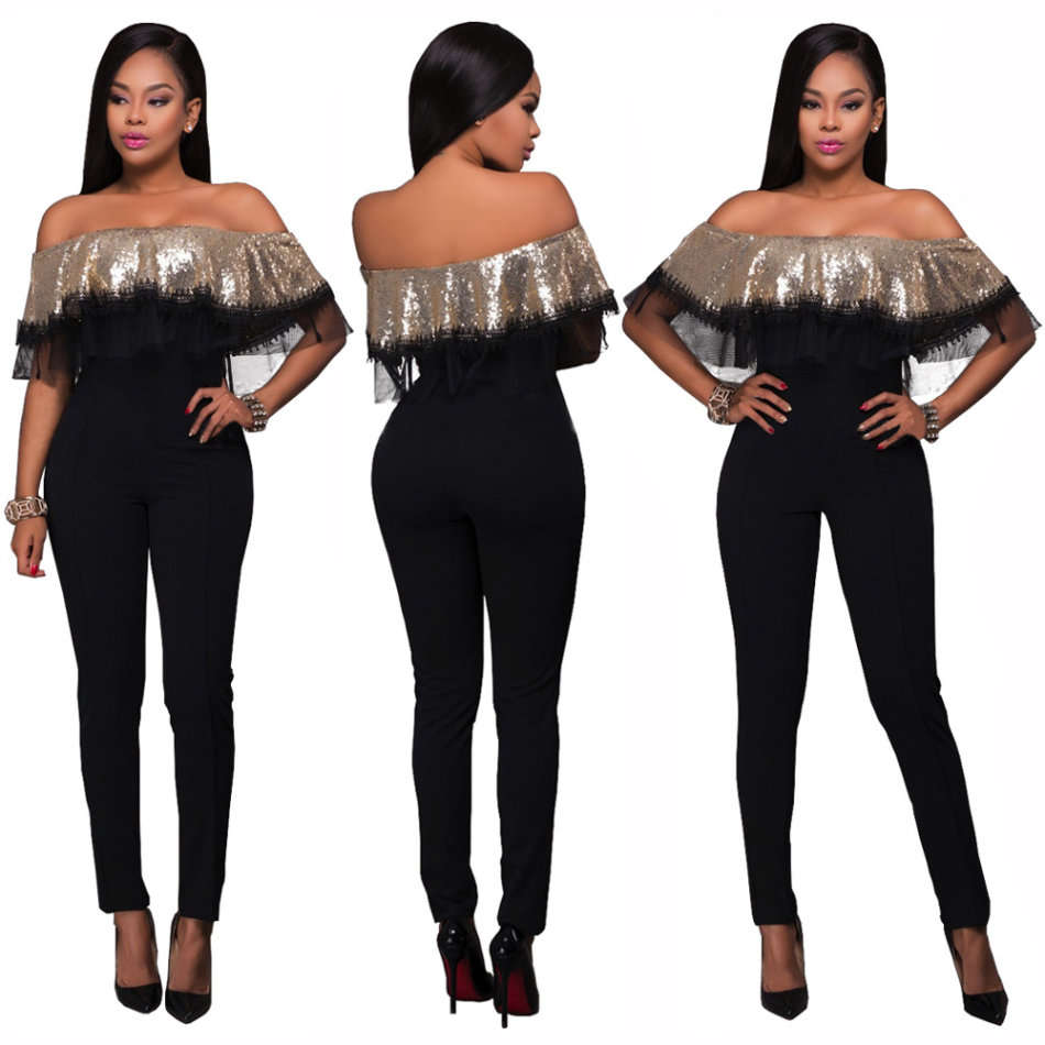 JUMPSUITS/JUMPSUIT/GOLD SEQUIN RUFFLE TOP JUMPSUIT/FORMAL EVENING JUMPSUIT