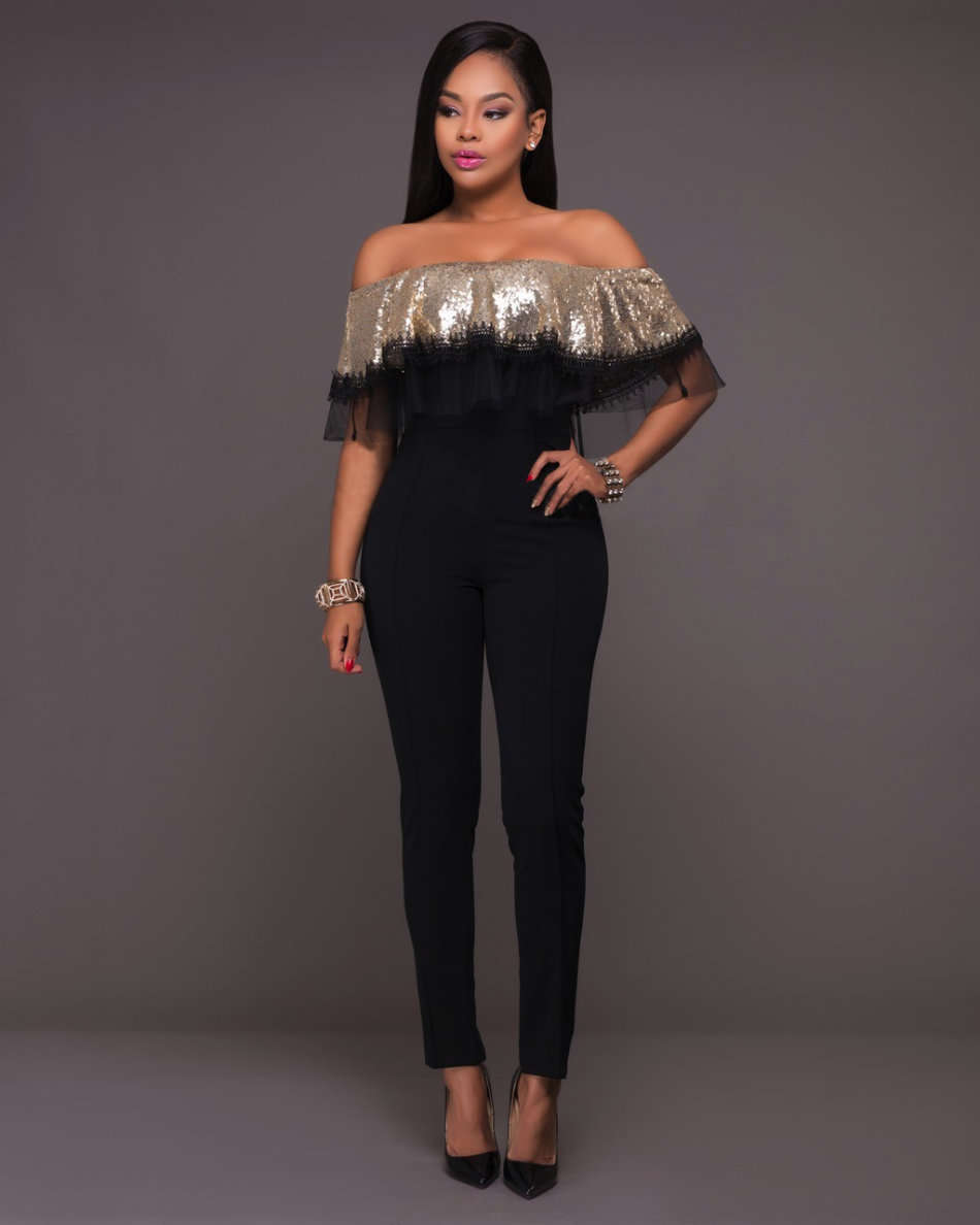 JUMPSUITS/JUMPSUIT/GOLD SEQUIN RUFFLE TOP JUMPSUIT/FORMAL EVENING JUMPSUIT