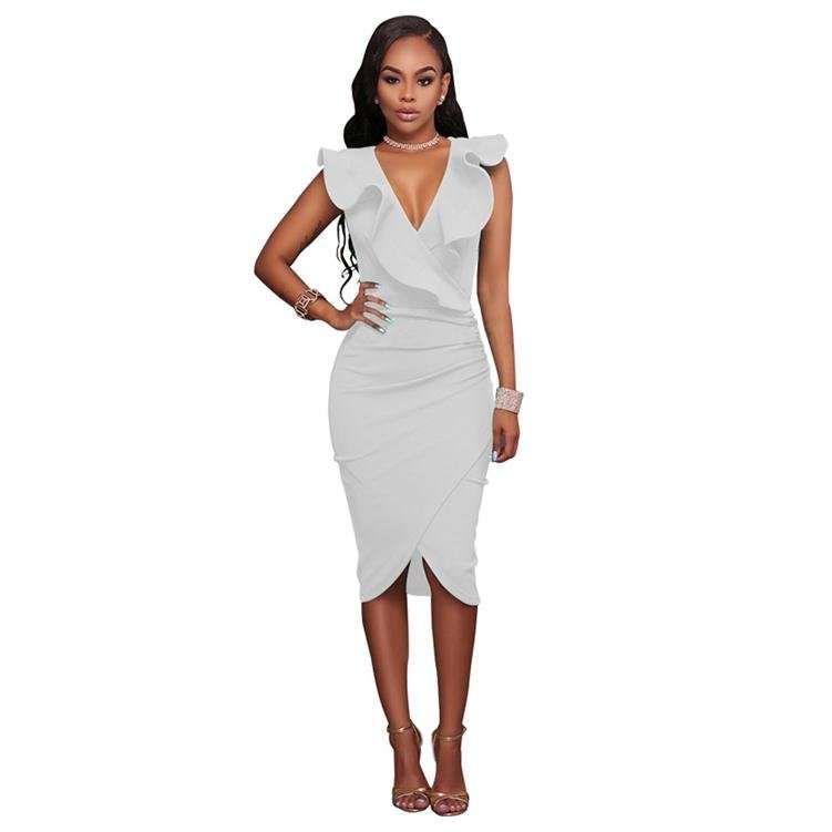 DRESSES/DRESS/BODYCON DRESS/RUFFLE DRESS/MIDI DRESS/WHITE V NECK COCKTAIL PARTY FORMAL DRESS