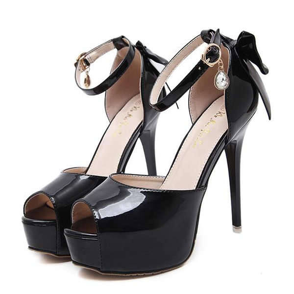 Black Bowknot Ankle Strap Peep Toe Stiletto Heel Sandals Shoes