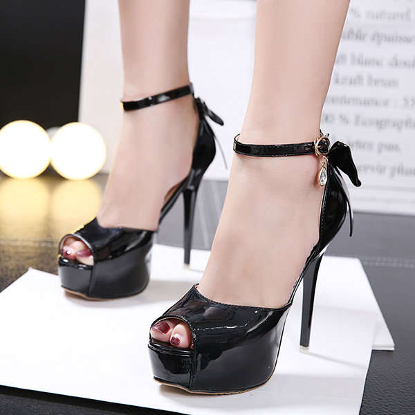Black Bowknot Ankle Strap Peep Toe Stiletto Heel Sandals Shoes