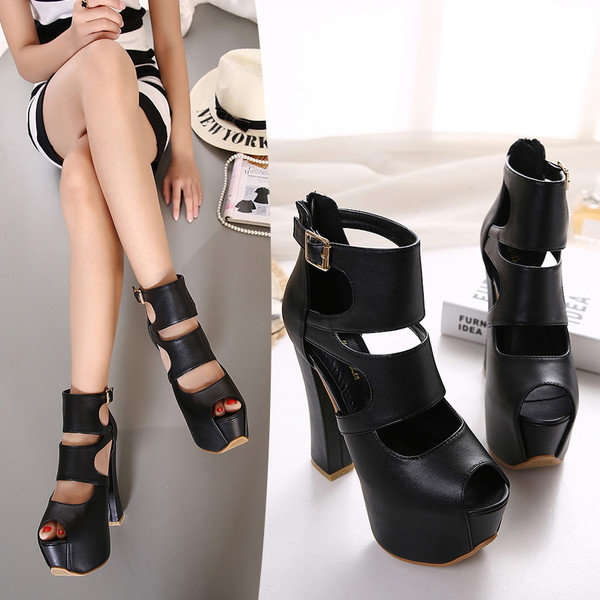 SHOES/LADIES SHOES/HIGH HEEL SHOES/BLACK CHUNKY HEEL PEEP TOE HIGH HEEL PLATFORM PUMPS SHOES