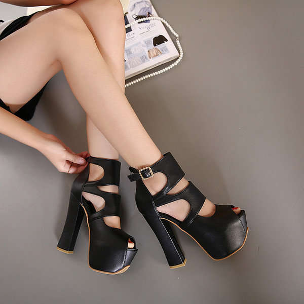 SHOES/LADIES SHOES/HIGH HEEL SHOES/BLACK CHUNKY HEEL PEEP TOE HIGH HEEL PLATFORM PUMPS SHOES